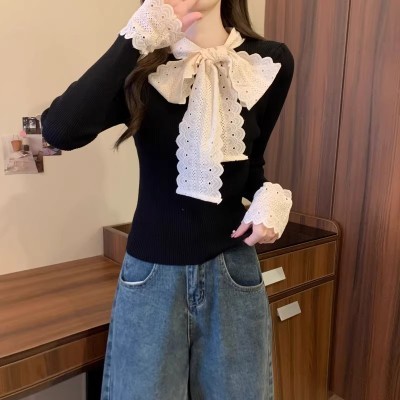 NZN พุทราสั้นถักชั้นฐานผู้หญิงฤดูหนาวโบว์แขนยาวถักเสื้อกันหนาว