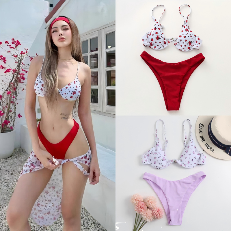 🔥Nico Bra🔥ชุดบิกินี่ 2 ชิ้น บิกินี่แบบมีโครง ชุดว่ายน้ำสตรี บราพิมพ์ลายดอกไม้ ผ้ายืดหยุ่นคุณภาพสูง