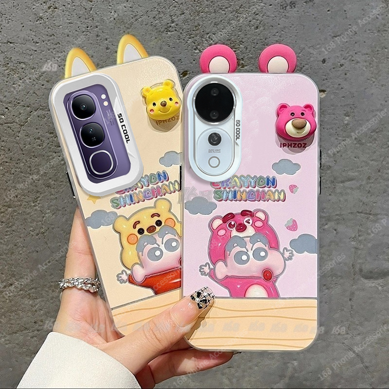 เคส Vivo V40 V30 Y200 V29 V30E V29E 5G เคส Vivo V40 V30 Pro การ์ตูนน่ารัก Winnie The Pooh lotso bear ดินสอสีชินจังเคสกันกระแทกปุ่มชุบแข็งหรูหรา DIY เคสโทรศัพท์สามมิติสําหรับเด็กผู้หญิงนักเรียนหญิง