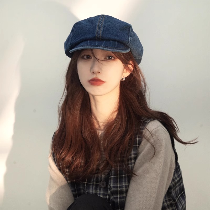 เวอร์ชั่นเกาหลี Retro สีทึบ Denim หัวใหญ่เส้นรอบวง Beret หญิงใบหน้าขนาดเล็ก All-Match จิตรกร Cloud หมวกแปดเหลี่ยมหมวก