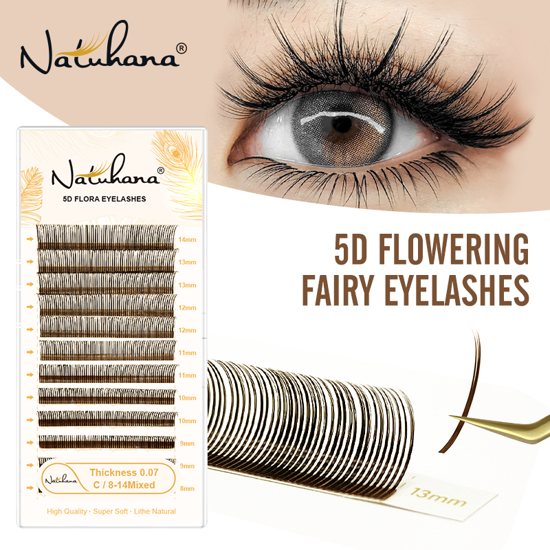 Natuhana 5D Eyelash Extensions สีน้ําตาลขนตาปลอม Wispy Volume พัดลมดอกไม้ Lashes W ธรรมชาตินุ่มแต่งหน้าเครื่องมือ