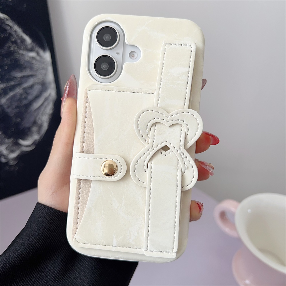 กระเป๋าสตางค์หนัง Love Heart สายรัดข้อมือขาตั้งเคสโทรศัพท์สําหรับ iPhone 15 11 12 13 14 16 Pro Max L