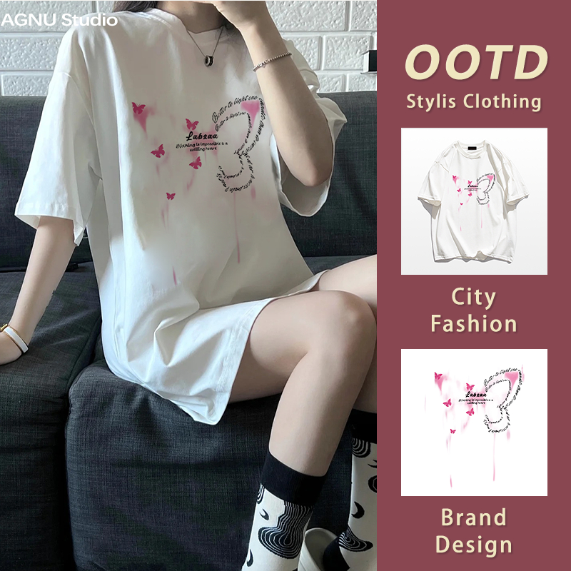 เสื้อยืดคอกลมแขนสั้นห้าส่วน ลายผีเสื้อสไตล์แฟชั่น ขนาดหลวมoversize สำหรับผู้หญิง YG197