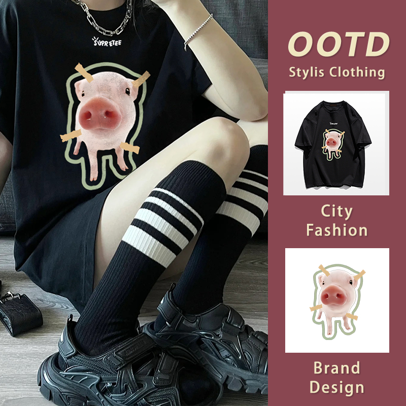 เสื้อยืดแขนสั้นคอกลมผู้หญิง ลายน้องหมูน่ารัก ขนาดใหญ่oversize ใส่สบาย ใส่แล้วดูผอม YG193