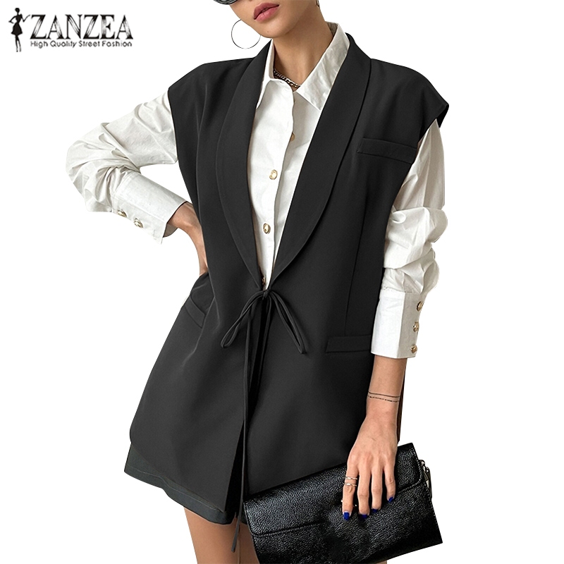 ZANZEA ใส่ ซานเซีย ผู้หญิงแขนกุดปกปกลูกไม้ขึ้นกระเป๋าตกแต่งที่สง่างามสบายๆทนกว่าเสื้อกั๊ก