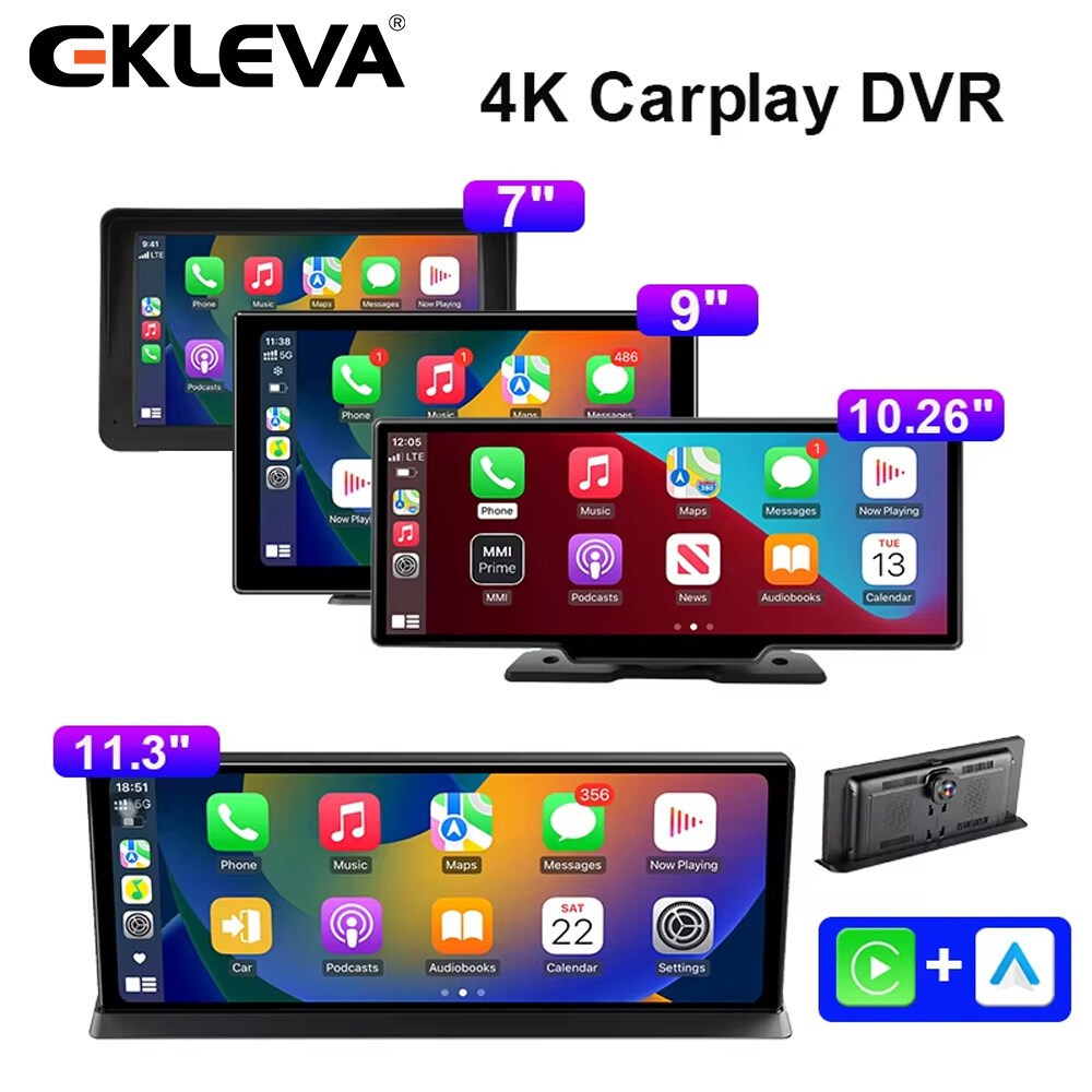 Ekleva 7 "/9"/10.26"/11.26"/11.3" 4K รถ DVR ไร้สาย Carplay Dash Cam กล้องกระจกมองหลัง Wifi Android เ