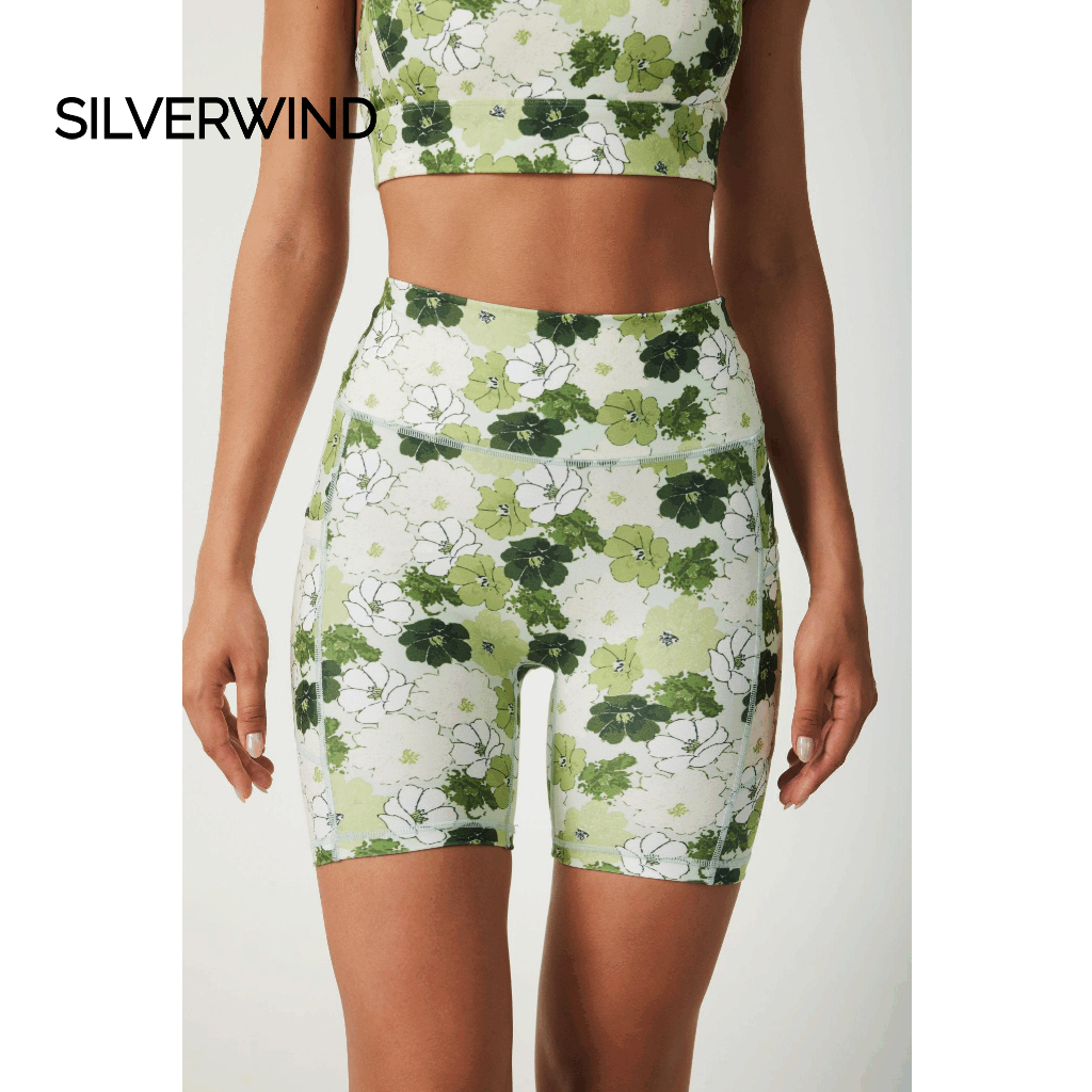 Silverwind Renewal กางเกงขาสั้นโยคะสตรีเอวสูง 4 Way ยืด Tummy Control ออกกําลังกายวิ่งเลกกิ้งกีฬา Biker กางเกงขาสั้นกระเป๋าด้านข้าง Renewal รูปแบบดอกไม้