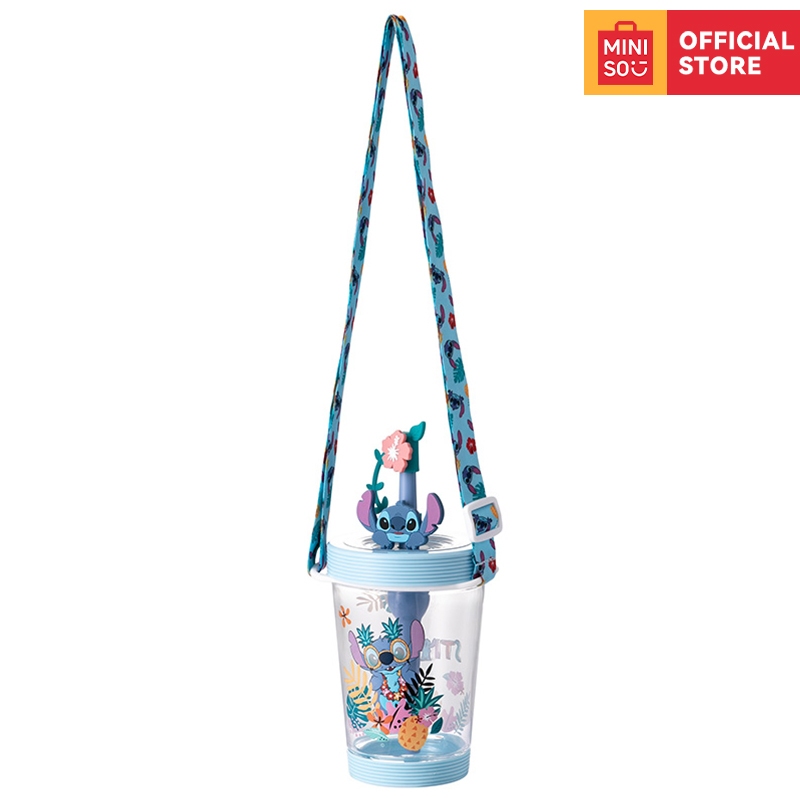Miniso 535mL ขวดน้ํา Tritan พร้อมหลอดและสายรัด BPA Free,Portable Tumbler Starw Cup,Stitch Design