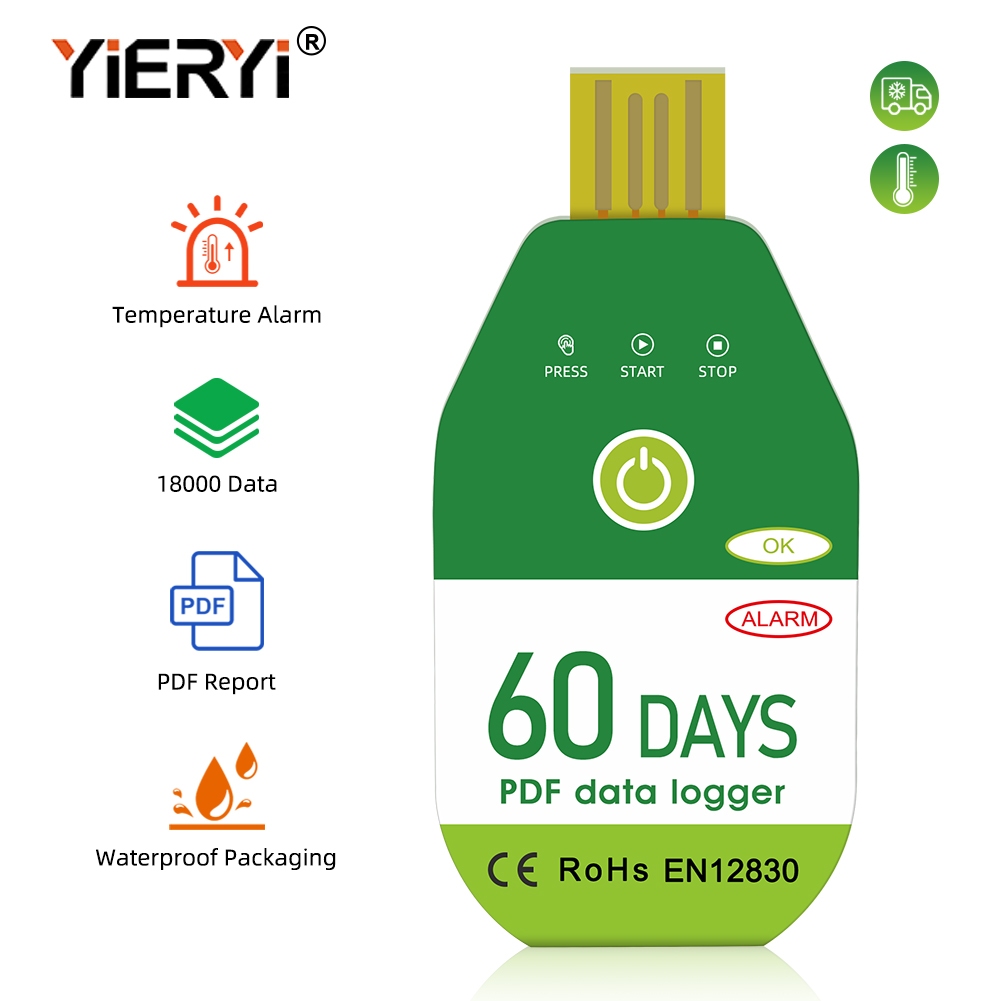 Yieryi เครื่องบันทึกอุณหภูมิแบบใช้แล้วทิ้งสําหรับ 60 วัน/90 วัน/120 วัน USB Lead Meter Recorder สําหรับเครื่องทําความเย็นการขนส่งสดและอุณหภูมิโซ่เย็น
