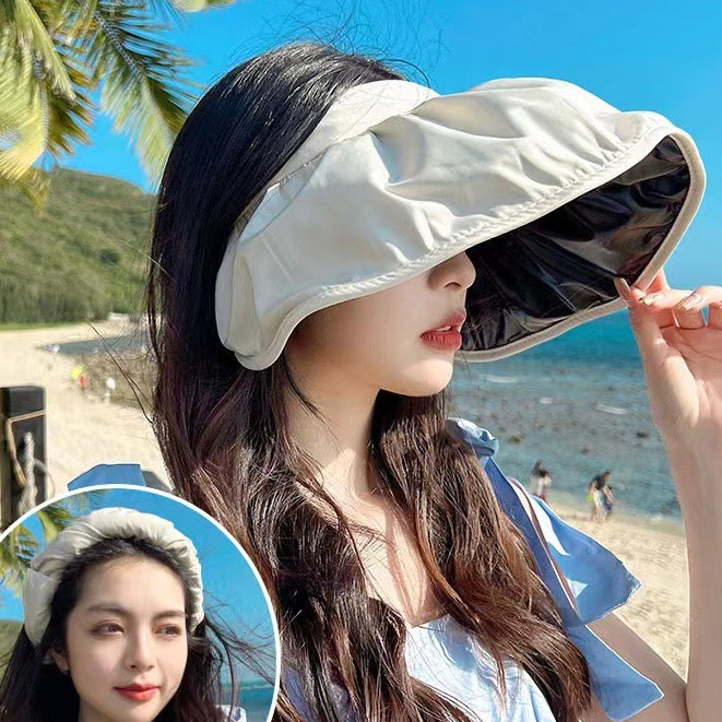หมวกกันแดดฤดูร้อนเวอร์ชั่นเกาหลีหมวกกันแดดปกปีกใหญ่ใบหน้า ผู้มีอิทธิพล เปลือกหมวกแบบพกพาดัดผมคาดศีรษะอาทิตย์สุภาพสตรีหม