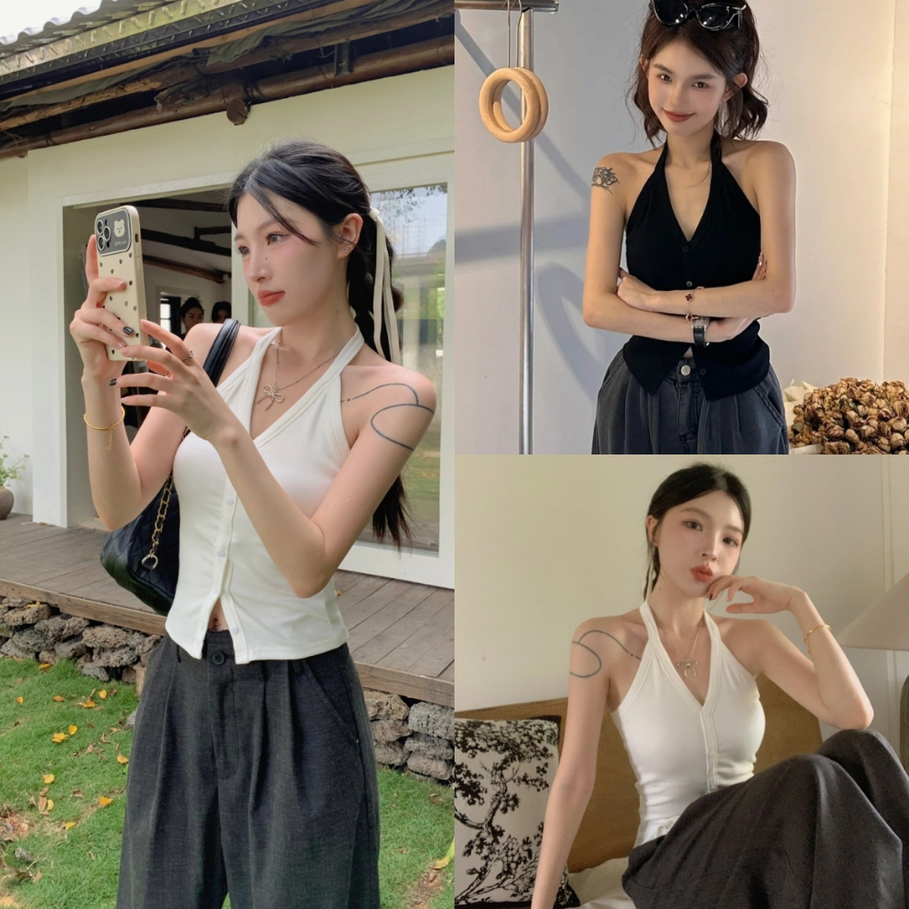 Luna Shop 🍒 เย็นสบาย เสื้อกั๊กเชือกแขวนคอสีขาวหญิงฤดูร้อนเซ็กซี่ซอกเสื้อเฉพาะ เย็นสบาย