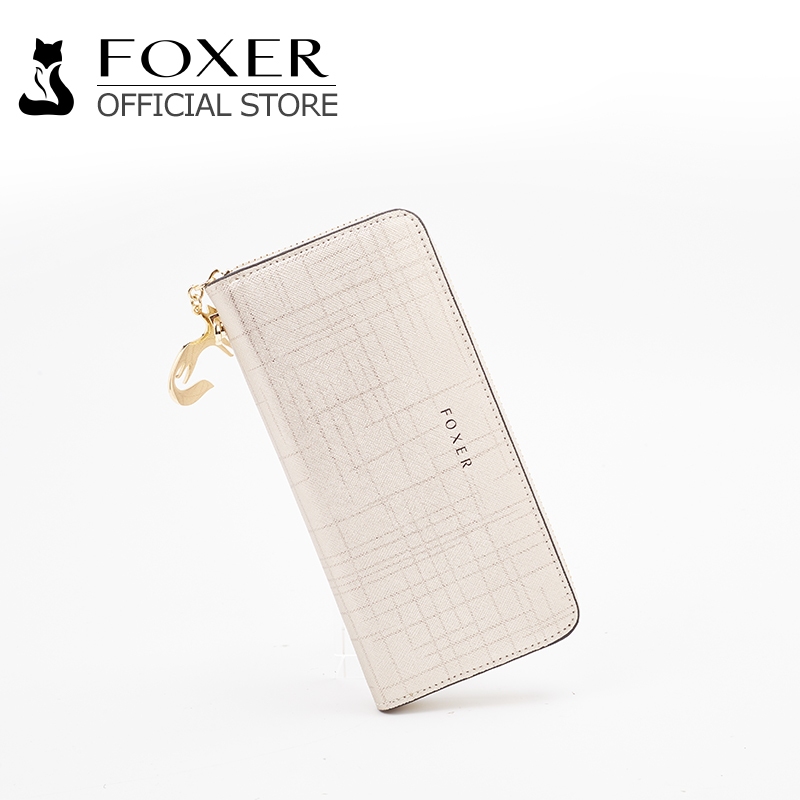 FOXER กระเป๋าสตางค์ซิปยาวสำหรับสุภาพสตรี สีทอง คลิปหลายการ์ด จี้ประดับ