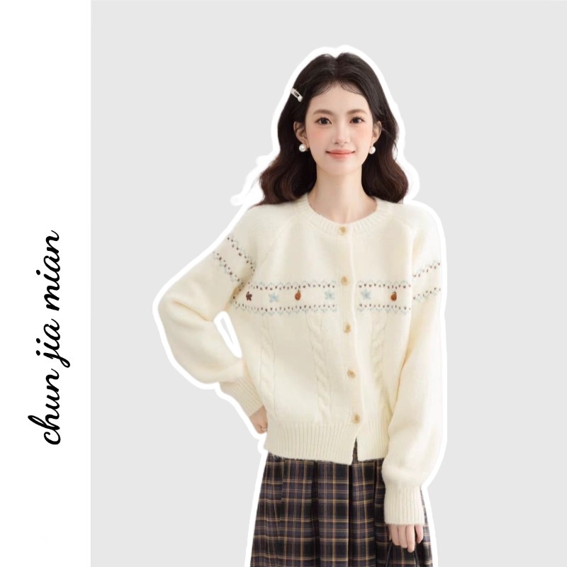 Chunjiamian ชุนเจียเมียน ผู้หญิงเสื้อกันหนาวแจ็คเก็ตปักรอบคอวรรณกรรมดอกไม้กระดุมแถวเดียวถักคาร์ดิแกนท็อปส์
