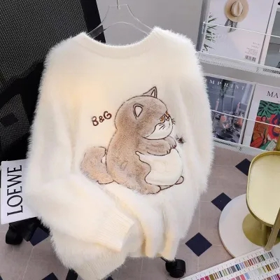 NZN ท็อปขี้ผึ้งนุ่มแฟชั่นสตรี ลายการ์ตูนน่ารักลําลองแขนยาวถักเสื้อสวมหัวเสื้อสเวตเตอร์คอลูกเรือ