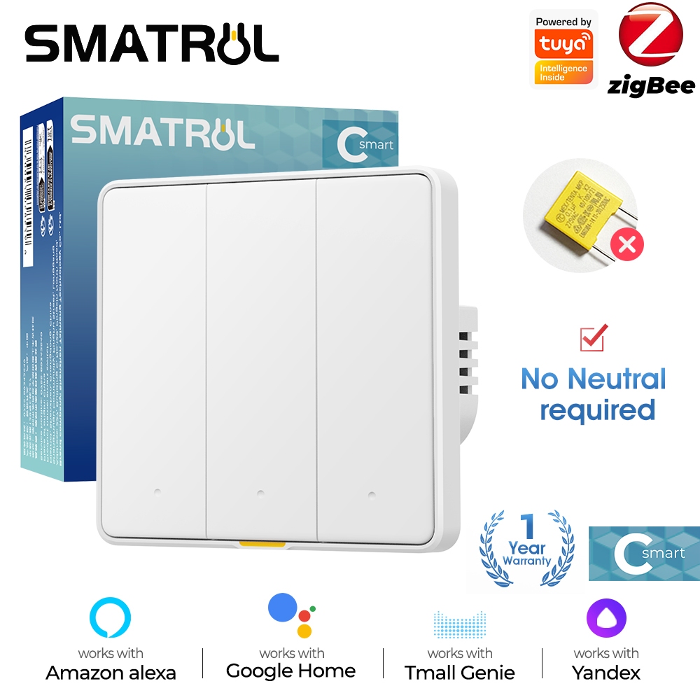 Smatrul Tuya สมาร์ทสวิทช์ Zigbee Wall Light ไม่มี Neutral 110-250v ไม่มีตัวเก็บประจุที่จําเป็นพร้อม Timing Voice App Tmall Genie Alexa Google Home