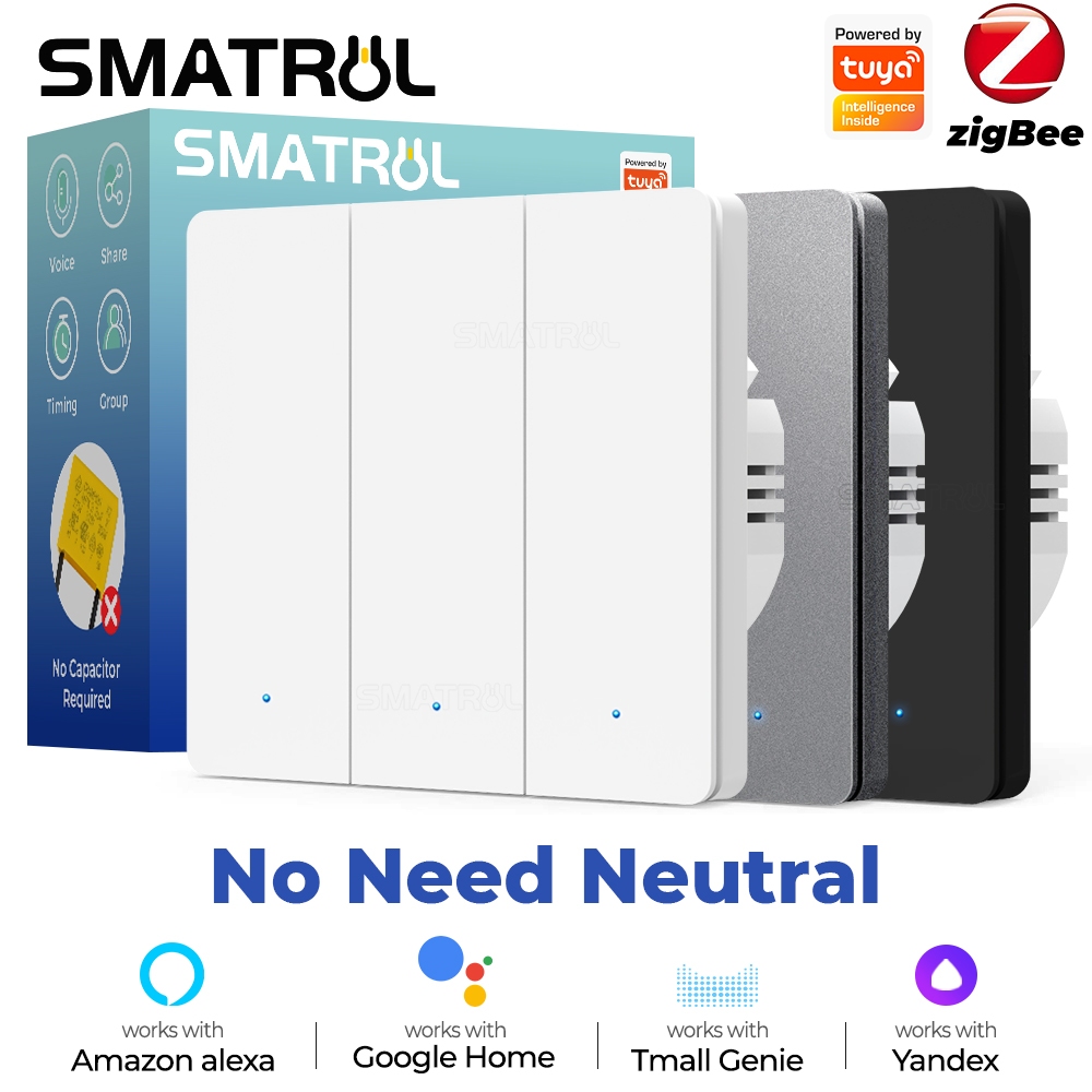 Smatrul Zigbee สมาร์ทสวิตช์ EU Wall Light ไม่มี Neutral 110-250vNo ตัวเก็บประจุที่จําเป็นพร้อม Timing Voice ใช้กับ Tuya Gateway