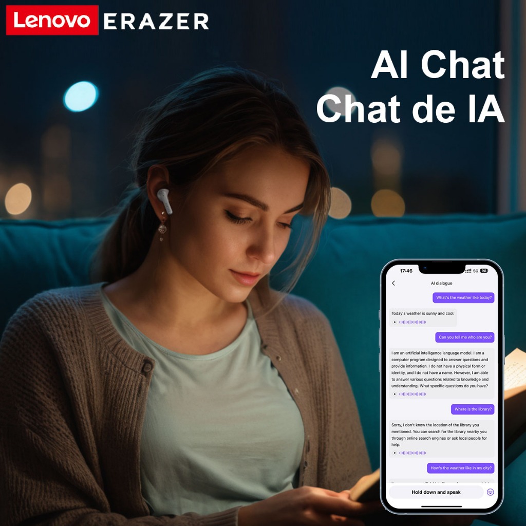 Lenovo Erazer XT92 PRO Al หูฟังบลูทูธ สมาร์ท หูฟังบลูทูธ Real-Time แปลหูฟังไร้สาย TWS พร้อม ไมโครโ ฟนมินิบลูทูธ 5.4 ชุดหูฟังกีฬา ไร้สายบลูทูธ
