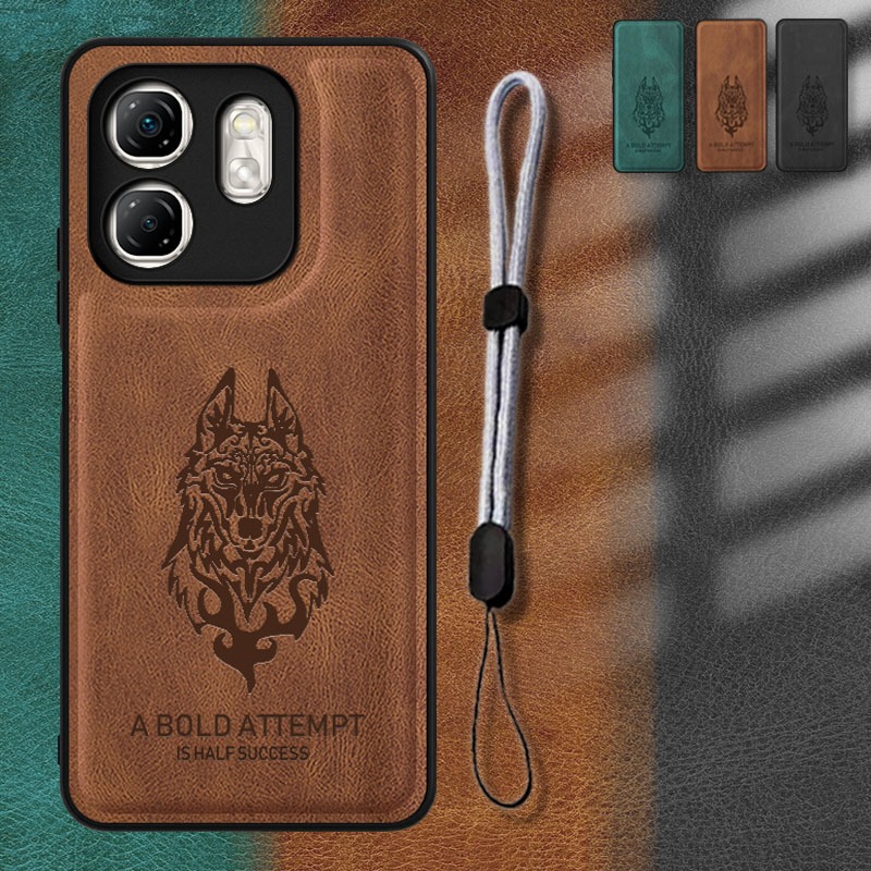 ซองหนังสําหรับ Infinix Hot 50i/X6531/X6531B เคสโทรศัพท์พร้อมเชือกโทรศัพท์แบบปรับได้การออกแบบหมาป่า