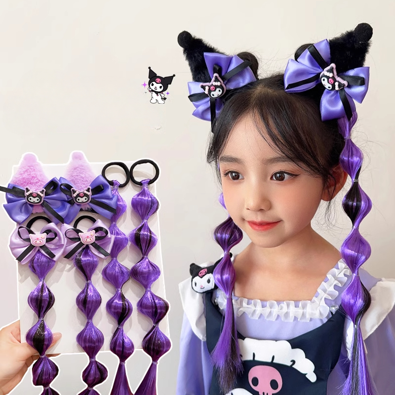 ทรงผมบ้า เด็กญี่ปุ่น Kuromi Bow วิกผม Braids Bubble Twist Braids โคมไฟ Braids ผมหางม้าคู่แหวนผม