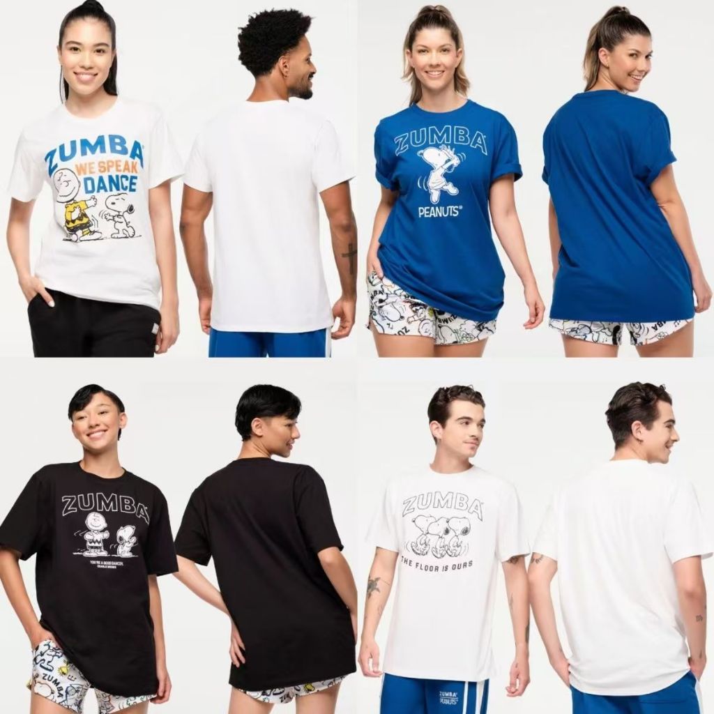Zumba 2024 ฤดูหนาว Snoopy สุนัขการ์ตูนครึ่งแขนผ้าฝ้ายกีฬาฟิตเนสเสื้อผ้าผู้ชายผู้หญิง ZUMBA สีฟ้าสีดําสีขาว