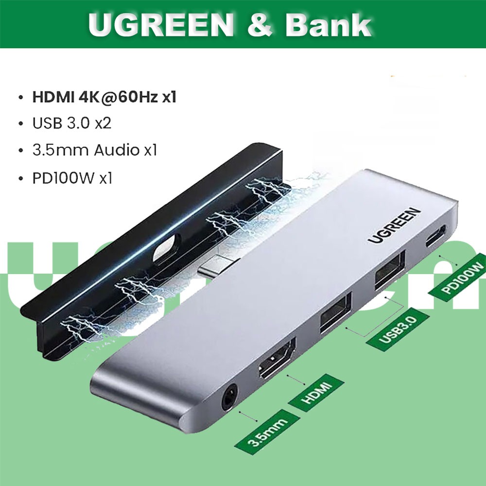 Ugree n 4K@60Hz USB C HUB 5 IN 1 HUB PD 100W 3.5 มม.ประเภท C 3.1 ถึง HDMI 2.0 USB 3.0