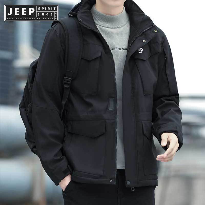 Jeep SPIRIT 1941 ESTD 2024 ฤดูใบไม้ร่วง/ฤดูหนาวใหม่ผู้ชายลําลองแฟชั่นผ้าฝ้าย Robe กีฬา Plus กํามะหยี่หนา Hoodie