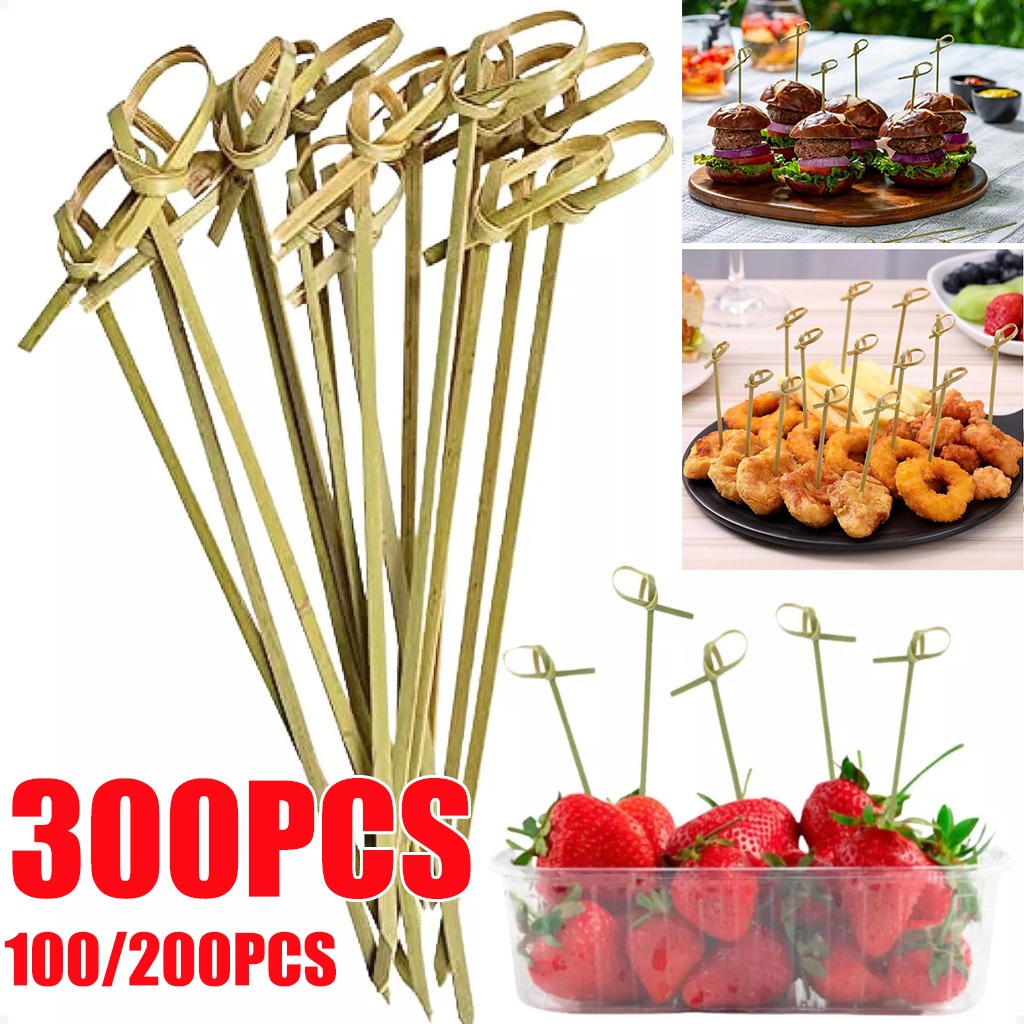 100/200/300ชิ้นทิ้งไม้ไผ่ผูกผูกปมเสียบไม้บิดสิ้นสุดอาหารค็อกเทลผลไม้หยิบส้อมแท่งบุฟเฟ่ต์คัพเค้ก ที บน