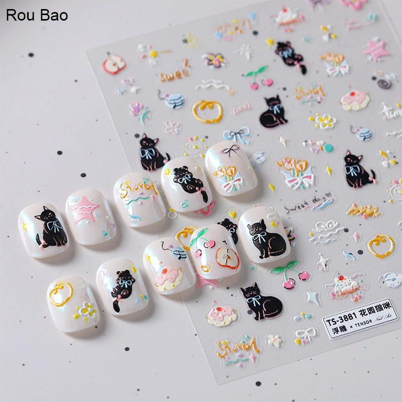 Rou Bao TS-3881 5D เล็บนูนสติกเกอร์น่ารักหวาน Girly ดอกไม้แมวบางโปร่งใสกลับกาวเล็บตกแต่งศิลปะ