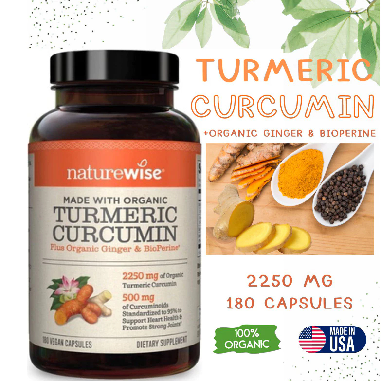 Naturewise ขวดใหญ่ 180 แคปซูล Vegan สารสกัดจากขมิ้นชันพริกไทยดำและขิง 100% Organic Turmeric Curcumin