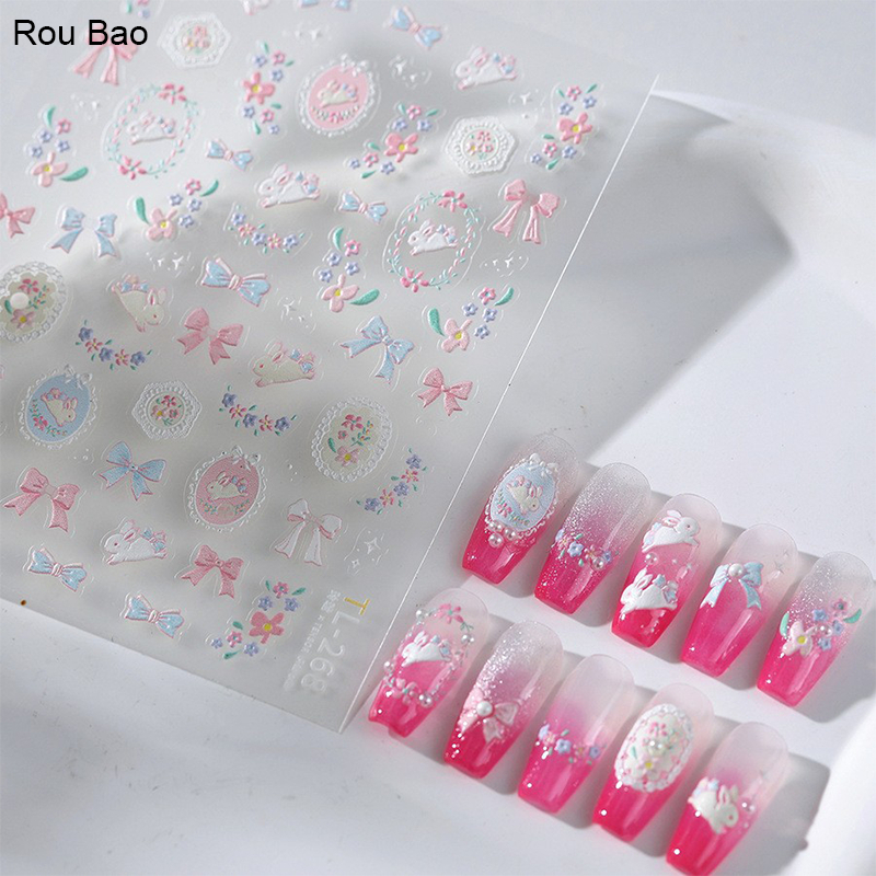 Rou Bao TL-268 5D เล็บนูนสติกเกอร์สีชมพูสีฟ้าโบว์กระต่ายน่ารัก Girly บางโปร่งใสกลับกาวเล็บตกแต่งศิลปะ