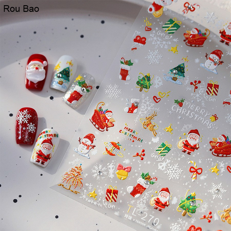Rou Bao TL-270 5D เล็บนูนสติกเกอร์ Merry Christmas Santa Claus น่ารักบางโปร่งใสกลับกาวเล็บตกแต่งศิลปะ