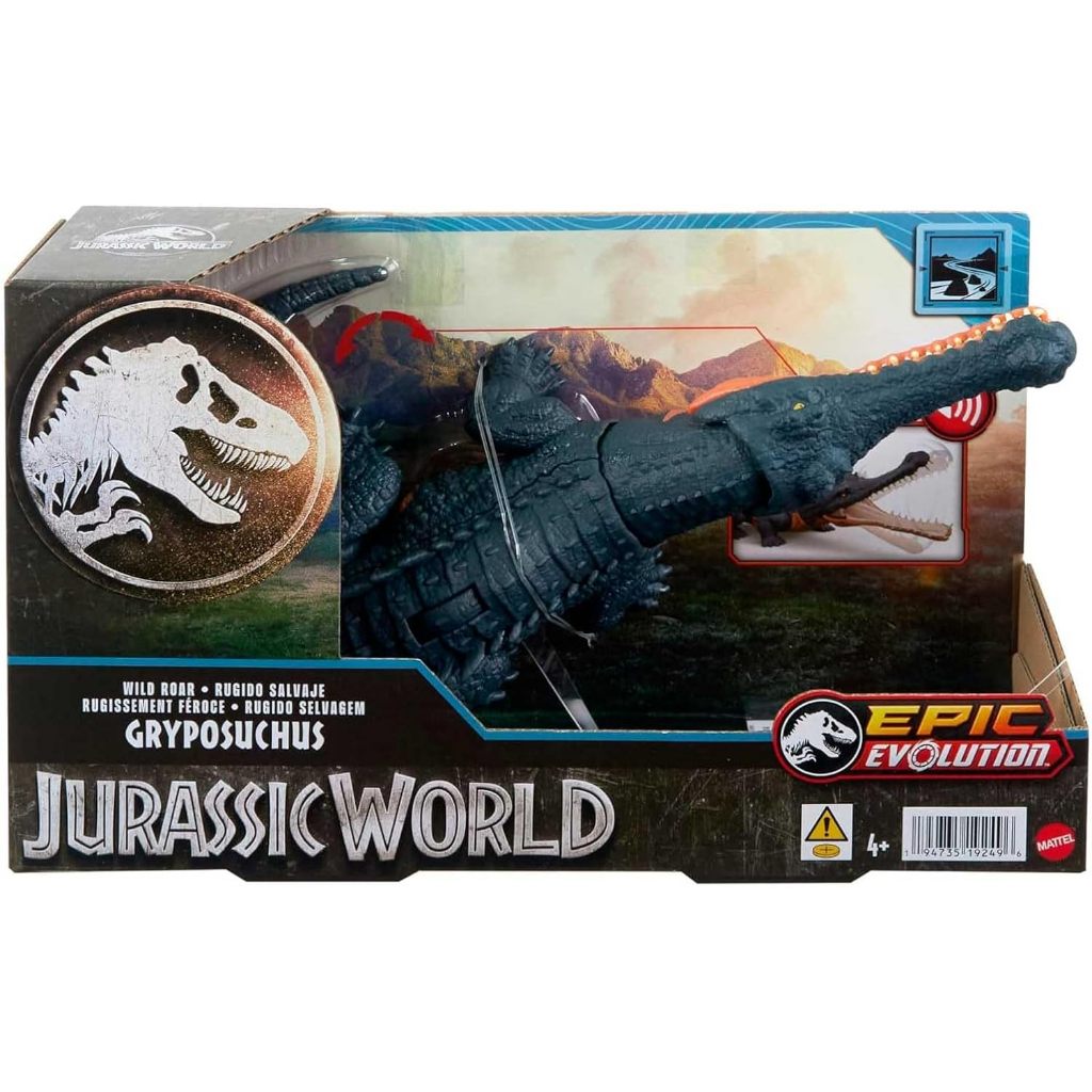 Jurassic World Wild Roar Gryposuchus รูปไดโนเสาร์ Continuing Roar Sound & Attack Action, Posable Physical Toy & Digital Play HTK71