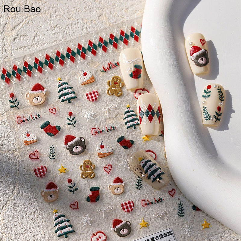 Rou Bao TS-3865 5D เล็บนูนสติกเกอร์น่ารักคริสต์มาสหมี Girly บางโปร่งใสกลับกาวเล็บตกแต่งศิลปะ