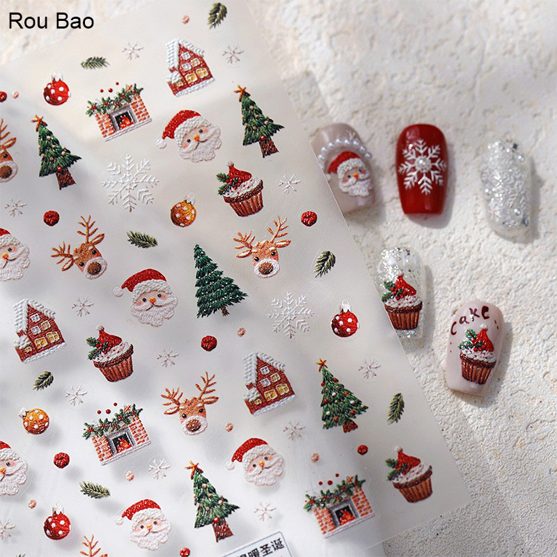 Rou Bao TS-3867 5D เล็บนูนสติกเกอร์คริสต์มาสน่ารัก Girly บางโปร่งใสกลับกาวเล็บตกแต่งศิลปะ