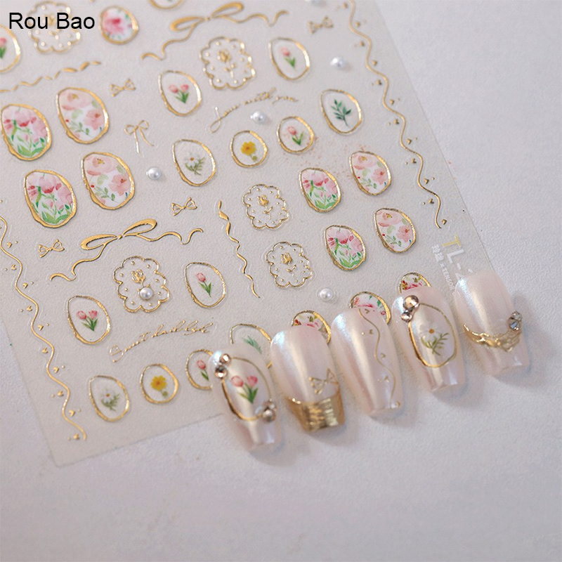 Rou Bao TL-259 5D เล็บนูนสติกเกอร์ทอง Tulips Pearl Girly บางโปร่งใสกลับกาวเล็บตกแต่งศิลปะ