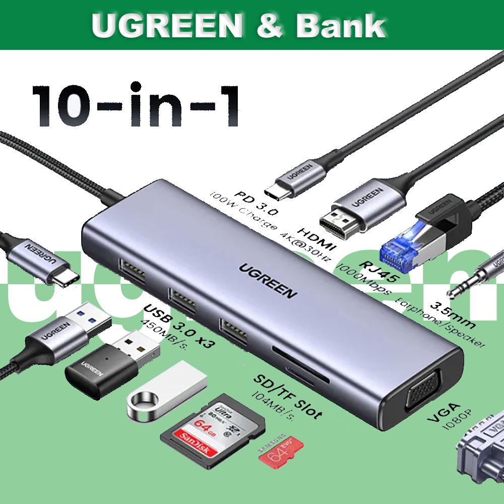 Ugree n 10 in 1 USB C Hub ฐานมือถือ 4K HDMI VGA 100W การส่งผ่านพลังงาน 3 พอร์ต USB 3.0 เครื่องอ่านกา