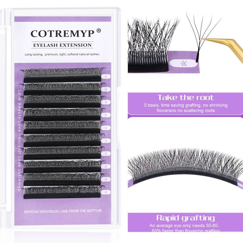 Cotremyp ขนตาปลอม 0.07D 8 9 10 11 12 13 14 มม. รูปทรงตัว W พัดลมง่าย ต่อขนตานุ่ม