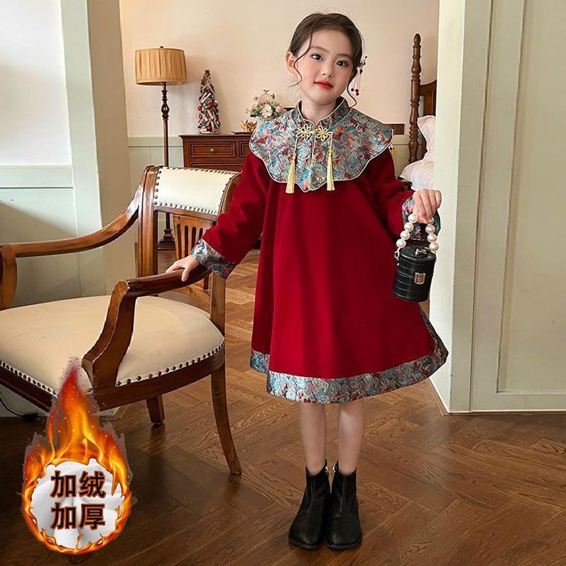 【สปอต】 3-14 ปี ชุดสาว,ชุดเดรสสีแดงปีใหม่สำหรับสาวแขนยาว,2024 ฤดูใบไม้ร่วงและฤดูหนาวใหม่,ชุดเฉลิมฉลองสไตล์โบราณสำหรับเด็ก - รูปที่ 3