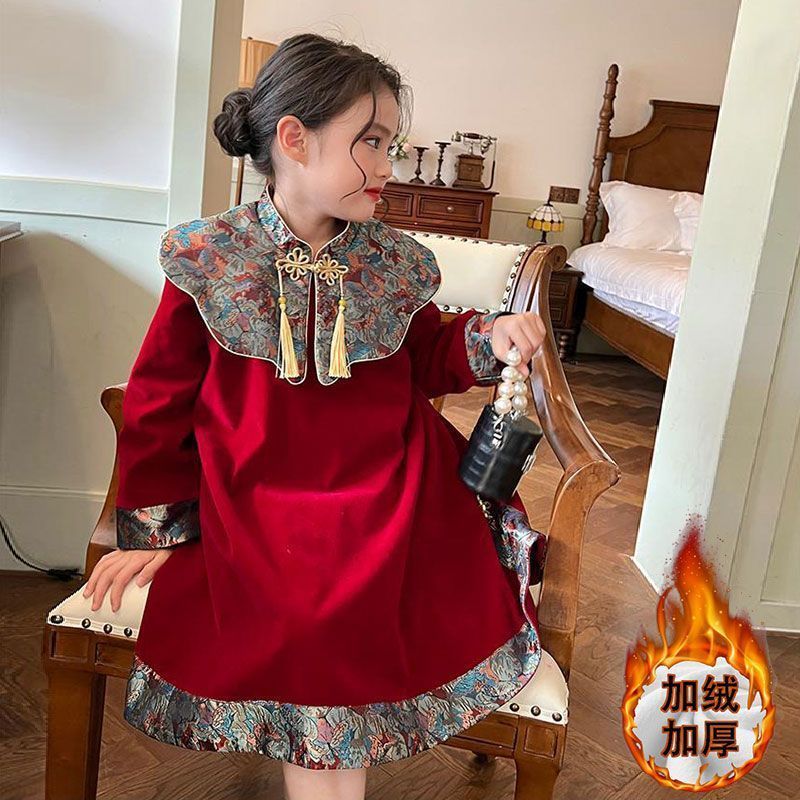 【สปอต】 3-14 ปี ชุดสาว,ชุดเดรสสีแดงปีใหม่สำหรับสาวแขนยาว,2024 ฤดูใบไม้ร่วงและฤดูหนาวใหม่,ชุดเฉลิมฉลองสไตล์โบราณสำหรับเด็ก - รูปที่ 5