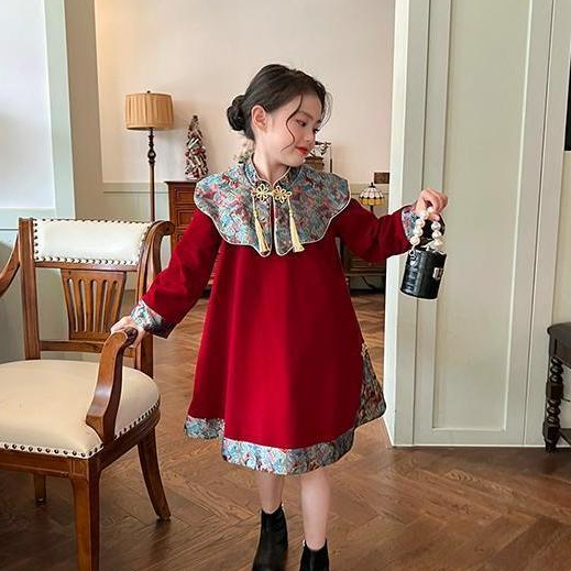 【สปอต】 3-14 ปี ชุดสาว,ชุดเดรสสีแดงปีใหม่สำหรับสาวแขนยาว,2024 ฤดูใบไม้ร่วงและฤดูหนาวใหม่,ชุดเฉลิมฉลองสไตล์โบราณสำหรับเด็ก - รูปที่ 2