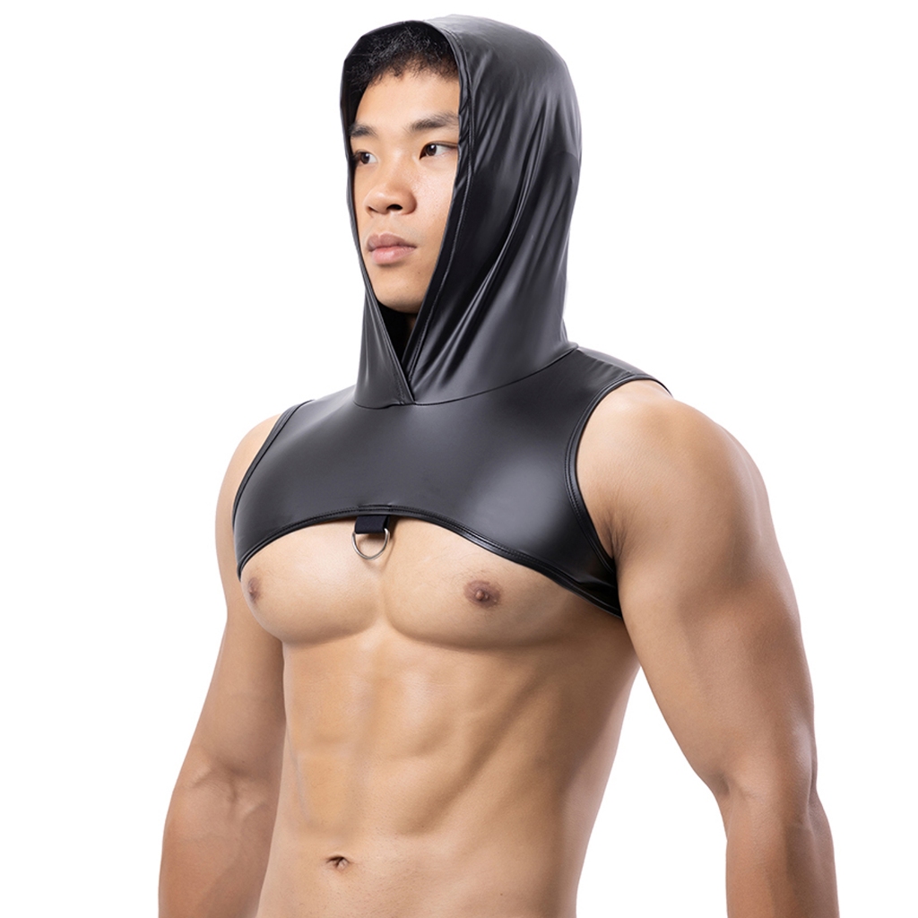 ผู้ชายท็อปส์หนังเทียมแน่นยืดหยุ่นเสื้อกั๊กมินิสั้นพิเศษเซ็กซี่คลุมด้วยผ้าออกกําลังกายเสื้อกั๊ก