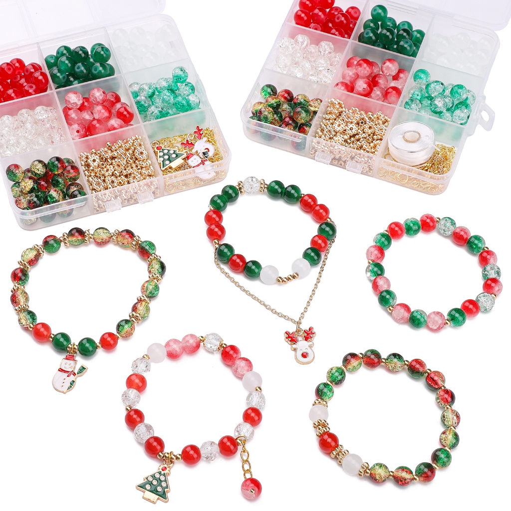 [8 มม.] ชุดลูกปัดดอกไม้กล่องคริสต์มาสสีรอบลูกปัดชุดกล่องสร้อยข้อมือสร้อยคอวัสดุกล่อง ทําเอง คริสต์มาส ทําด้วยมือ