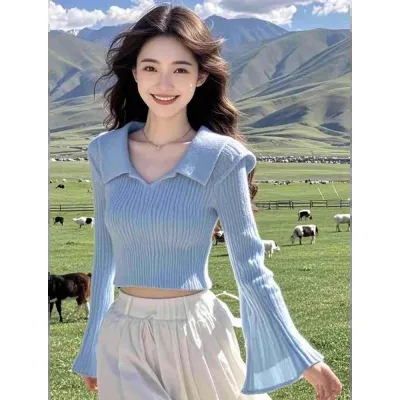 NZN เสื้อครอปสตรีฤดูใบไม้ร่วง Sweet Wind เสื้อถักเสื้อสวมหัวแขนยาวลําลอง