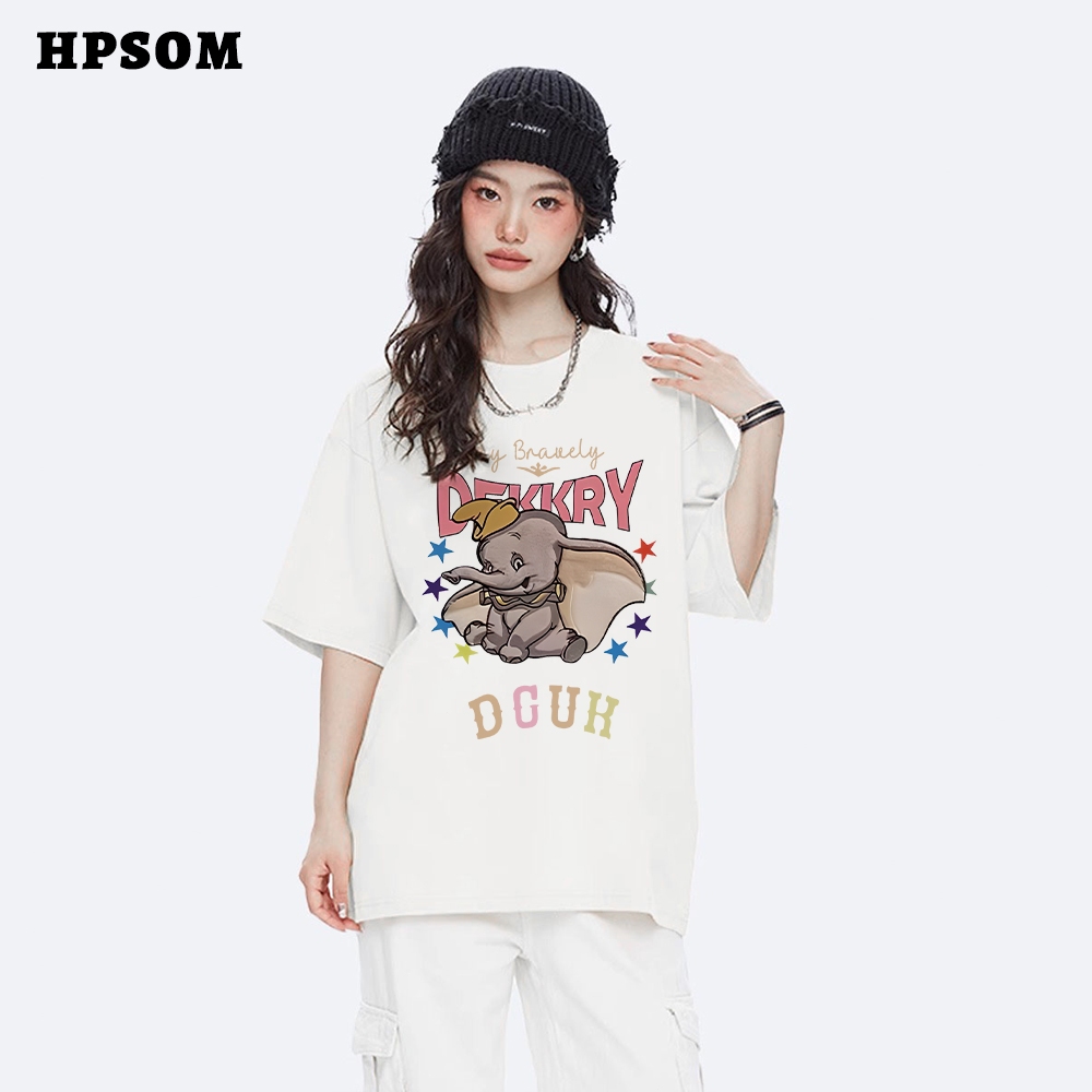 Hpsom เสื้อยืดแขนสั้นคอตตอนลายการ์ตูนช้างน้อยน่ารักสไตล์อินเทรนด์สำหรับผู้หญิง