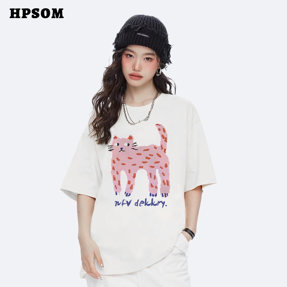Hpsom เสื้อยืดผู้หญิง คอตตอน ลายการ์ตูนแมว สไตล์อเมริกัน คอกลม แขนสั้น