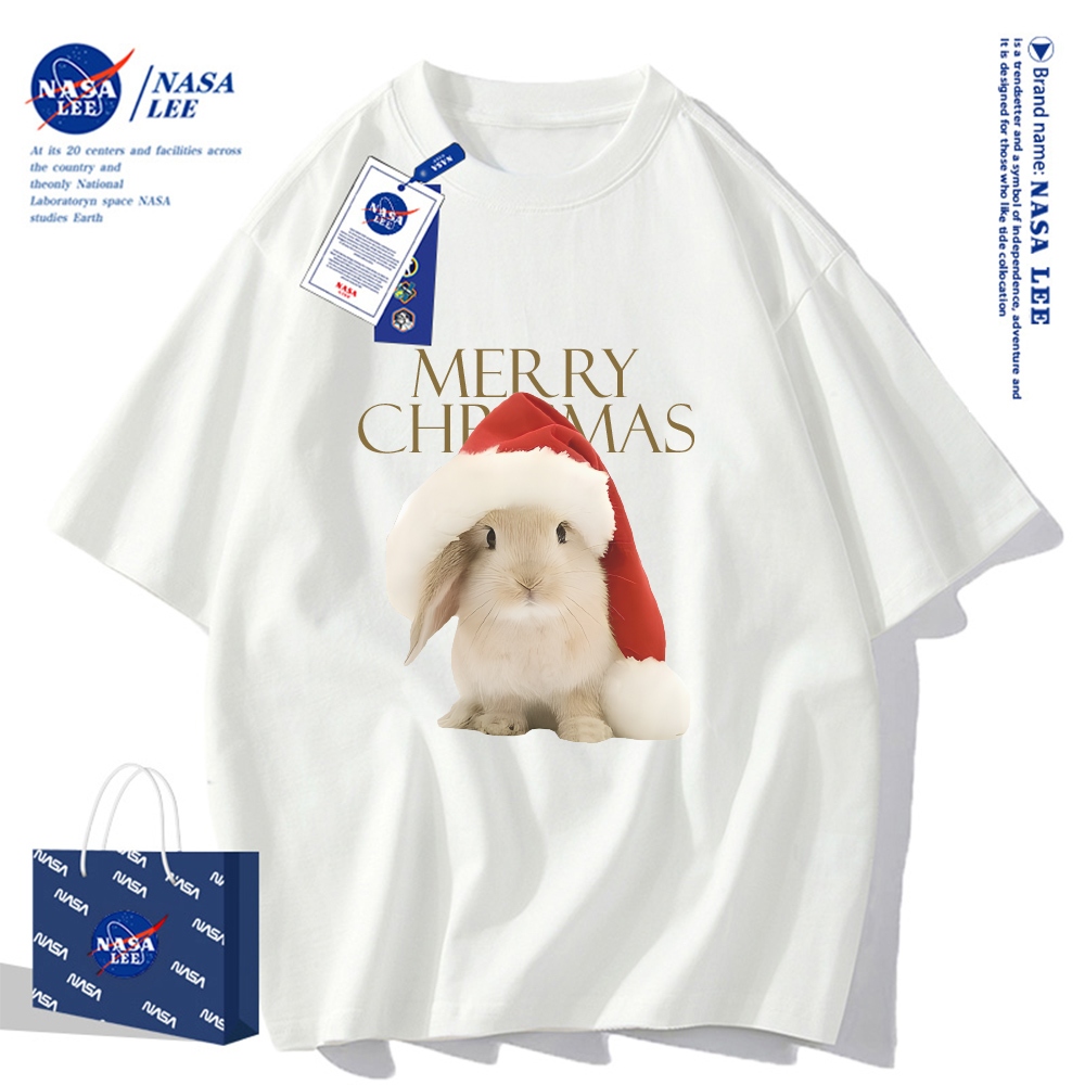 เสื้อยืดแขนสั้น NASA - ลายกระต่ายคริสต์มาสแห่งโชคดี ผ้า cotton 100% ใส่ได้ทั้งชายและหญิง