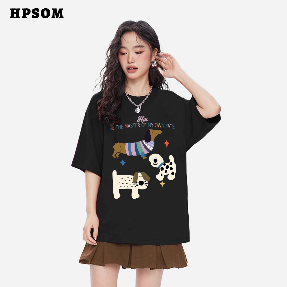 Hpsom ฮิต เสื้อยืดแขนสั้นคอตตอนลายสุนัขดัชชุน สไตล์เกาหลีสำหรับผู้หญิง