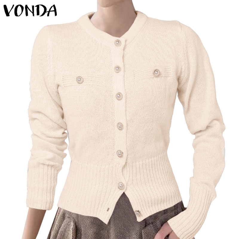 Vonda เสื้อคาร์ดิแกนดีไซน์แขนยาวหัวเข็มขัดมุกลําลองสําหรับผู้หญิง
