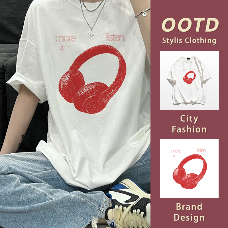 เสื้อยืดแขนสั้น ลายสกรีนหูฟังมินิมอล สไตล์oversize YG234