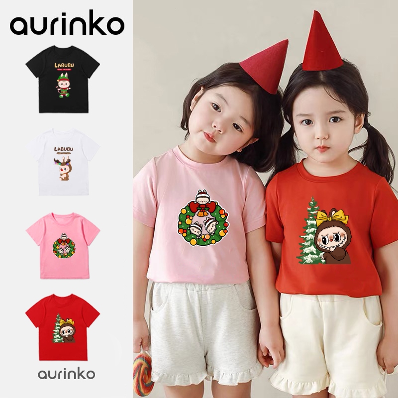 [3-11Y]คริสต์มาส Labubu แขนสั้นผ้าฝ้าย Baju T เสื้อคริสต์มาสเด็กเสื้อยืด,เด็กทารกด้านบน,Baju T เสื้อ